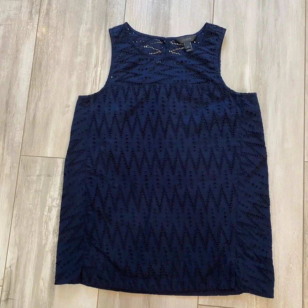 J. Crew Navy Blue Textured Eyelet Monochrome Sleeveless Preppy Top, 2 Tall